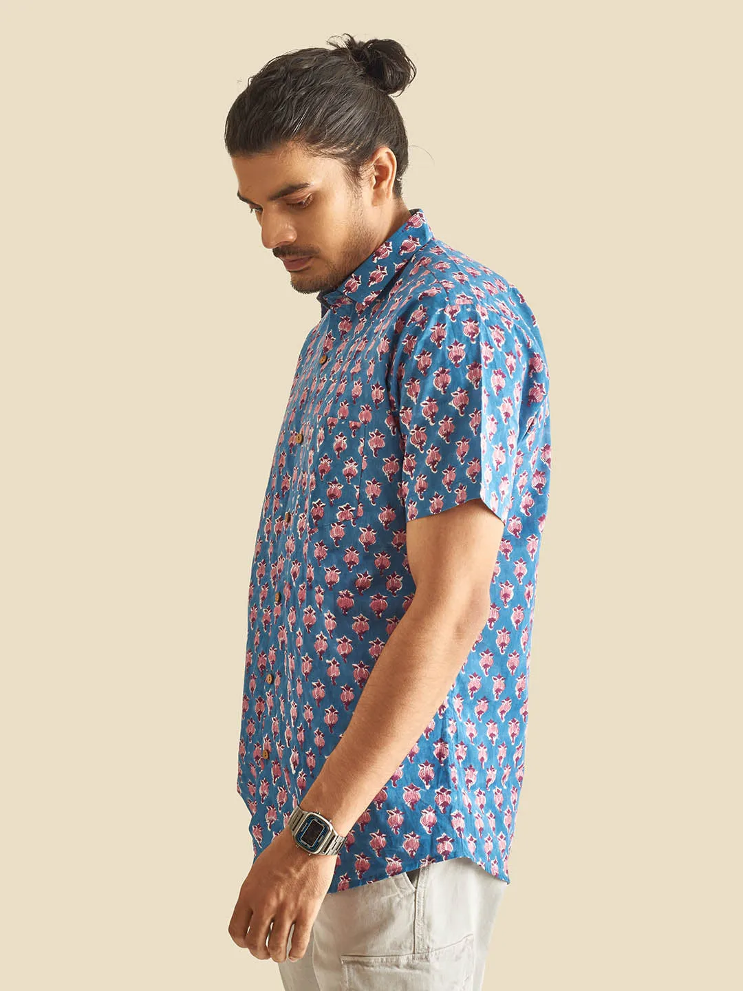 Blue Floral Block Printed Halfsleeves Cotton Shirt