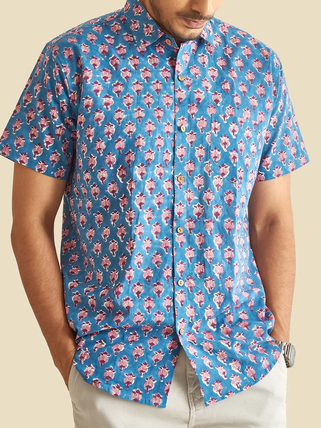 Blue Floral Block Printed Halfsleeves Cotton Shirt