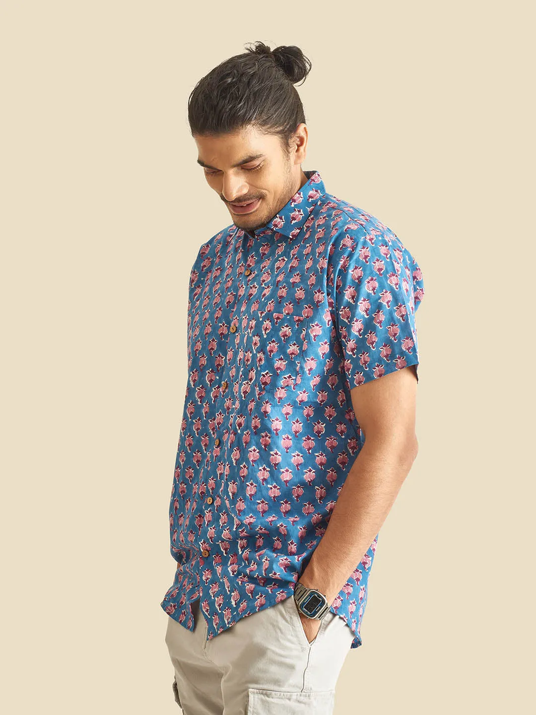 Blue Floral Block Printed Halfsleeves Cotton Shirt