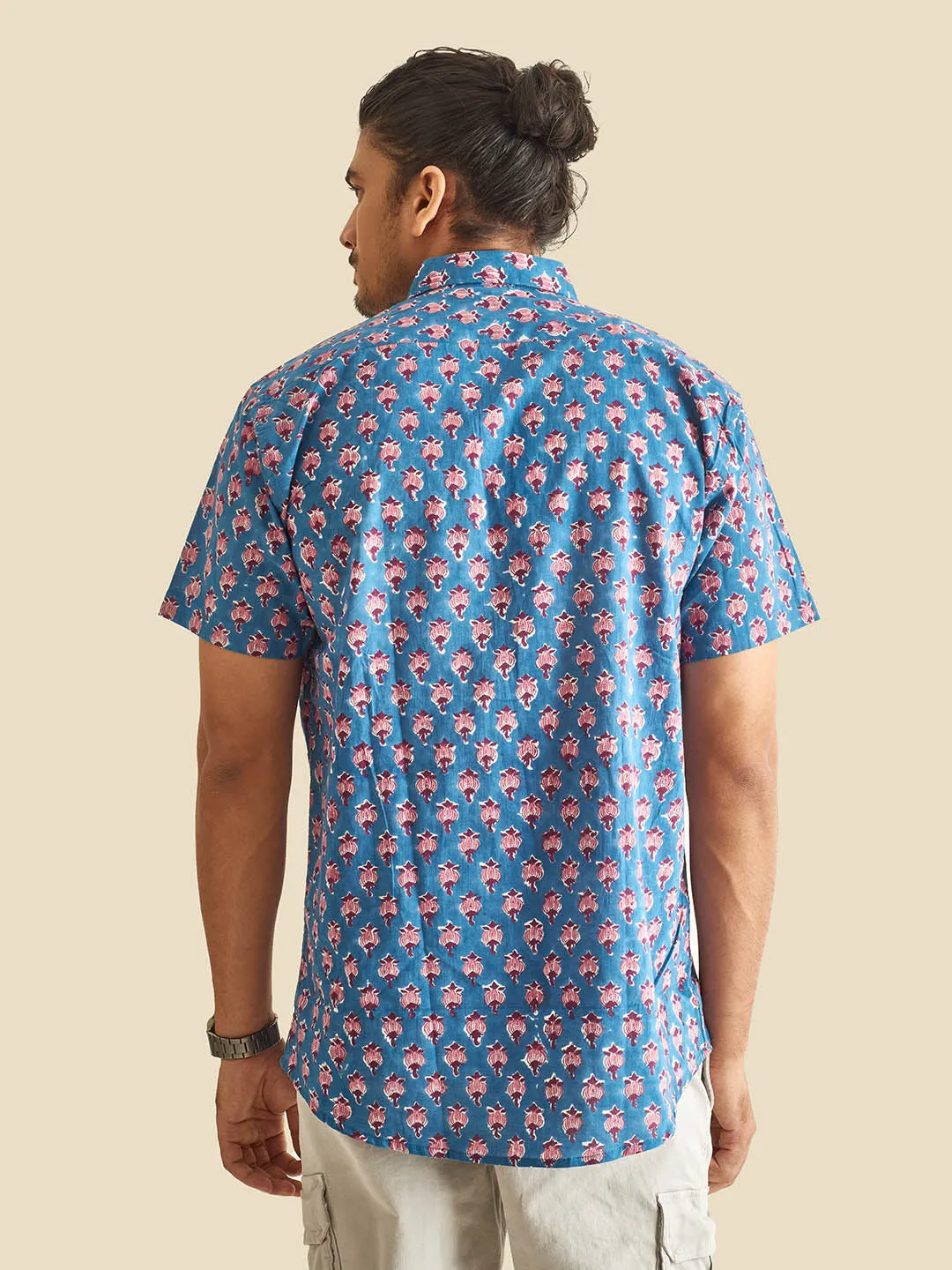 Blue Floral Block Printed Halfsleeves Cotton Shirt