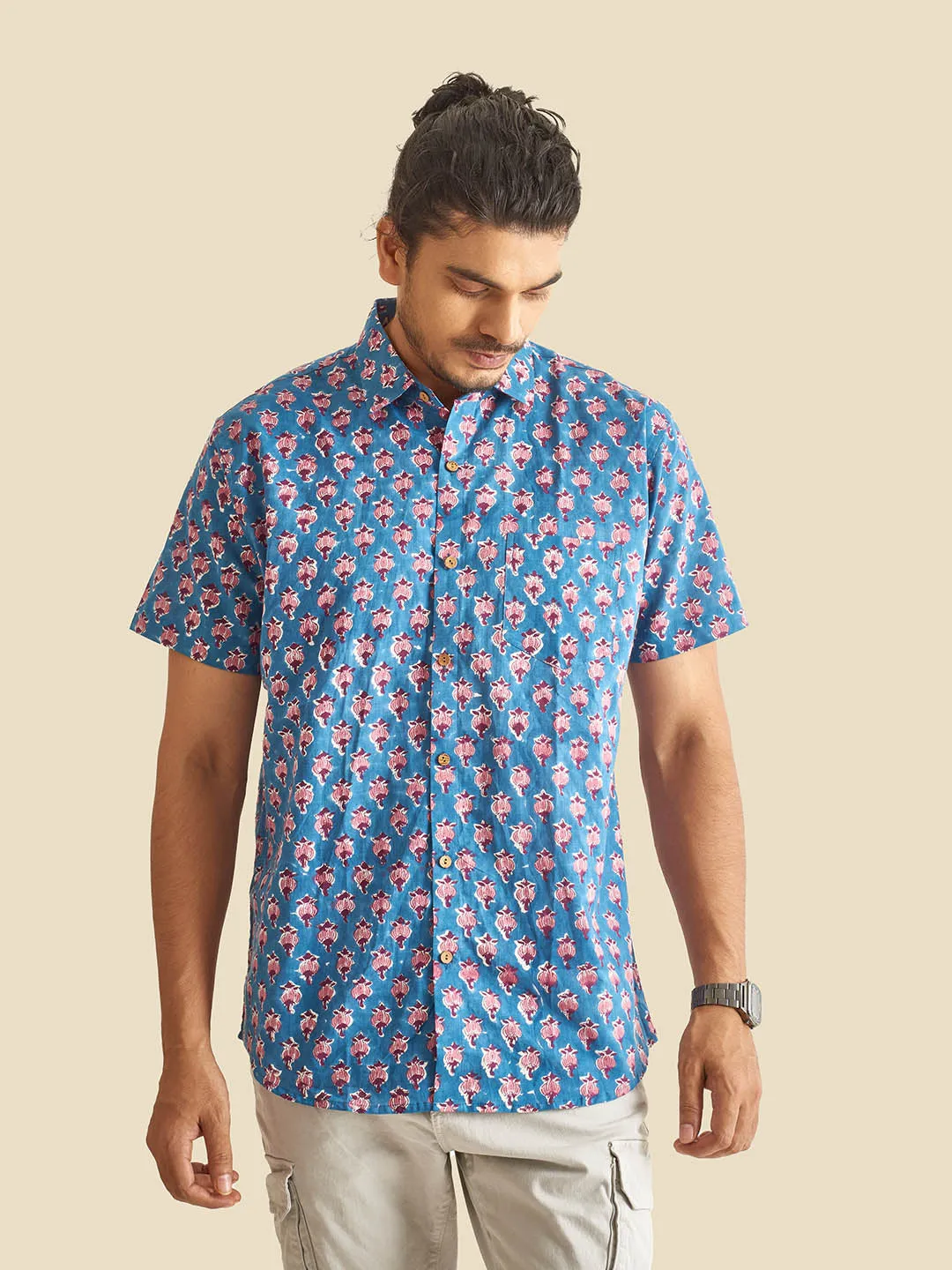 Blue Floral Block Printed Halfsleeves Cotton Shirt