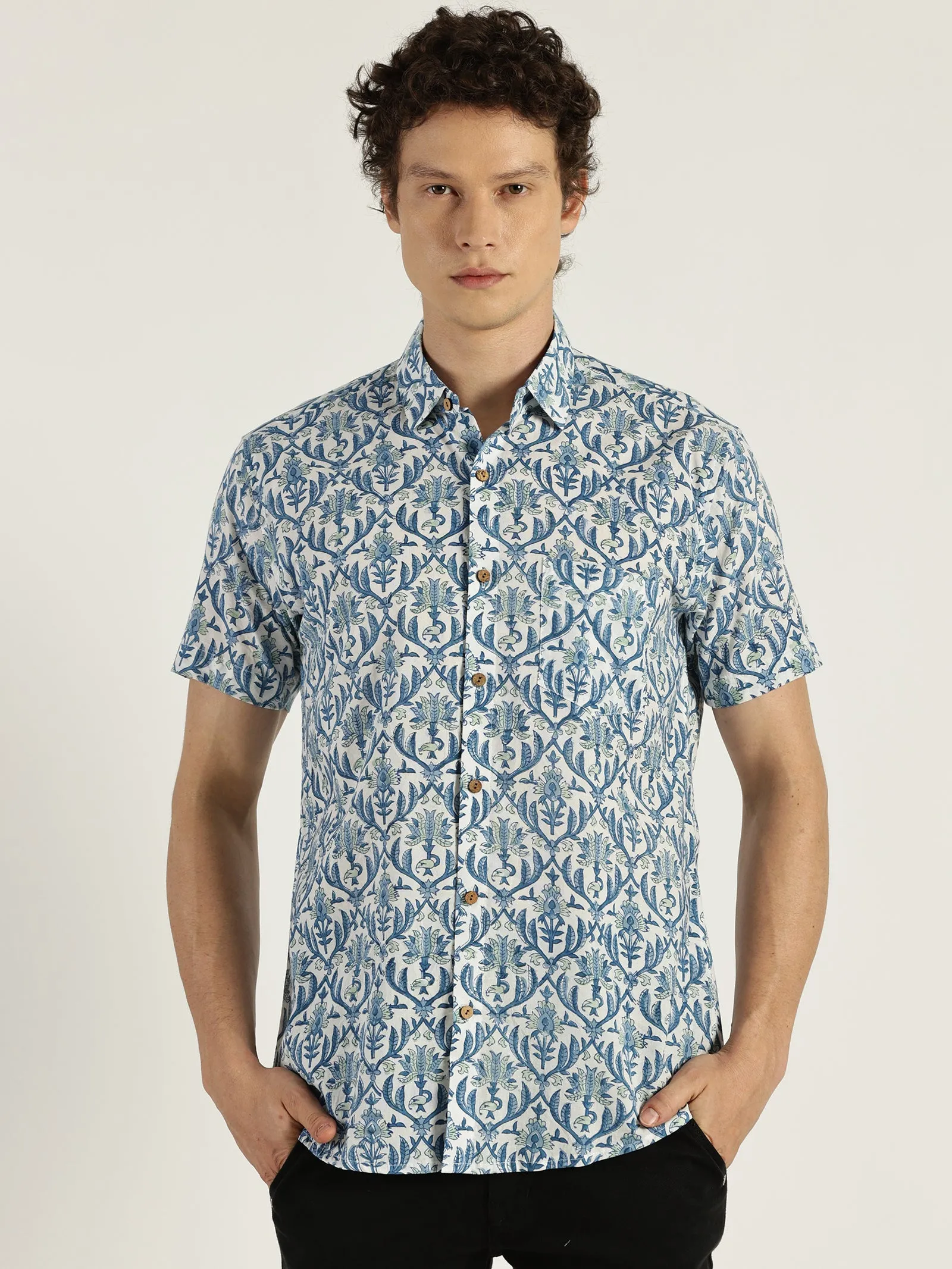 Blue Pottery Block Printed Halfsleeves Cotton Shirt
