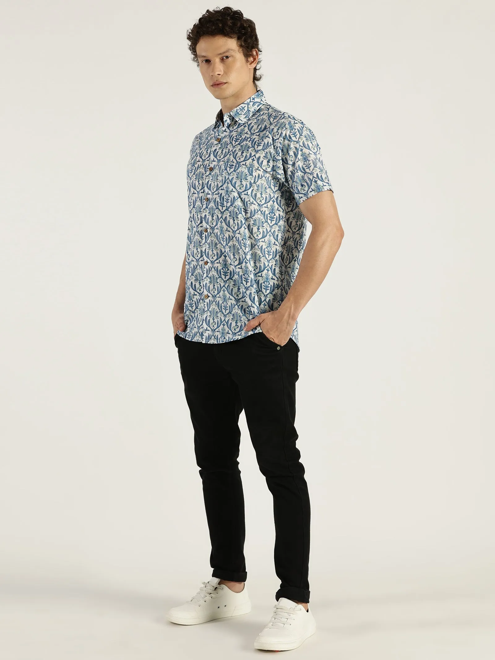 Blue Pottery Block Printed Halfsleeves Cotton Shirt