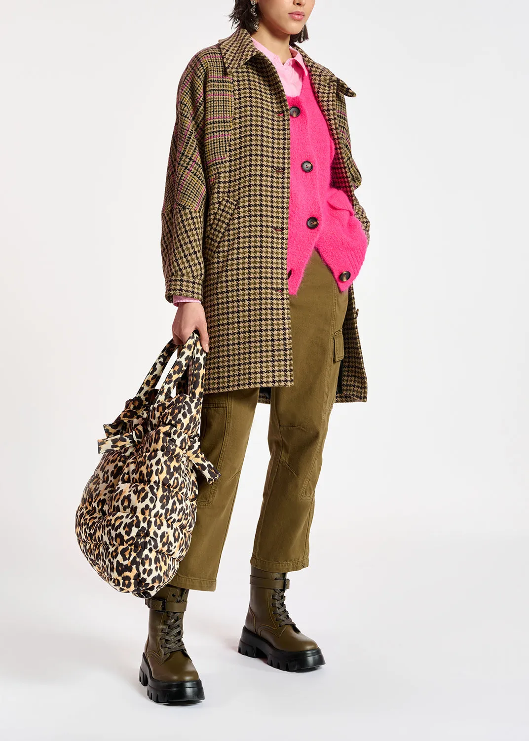 Brown houndstooth wool-blend coat