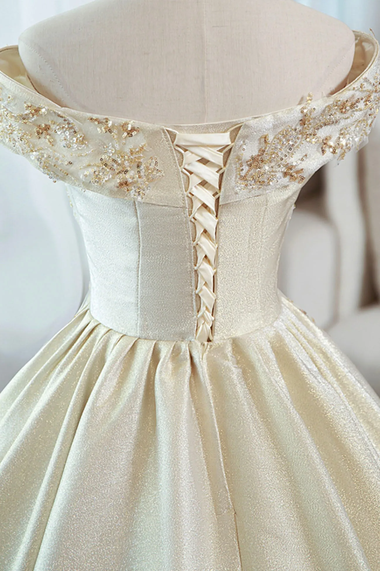 Champagne Satin Sequins Long Prom Dress, Off the Shoulder Evening Party Dress