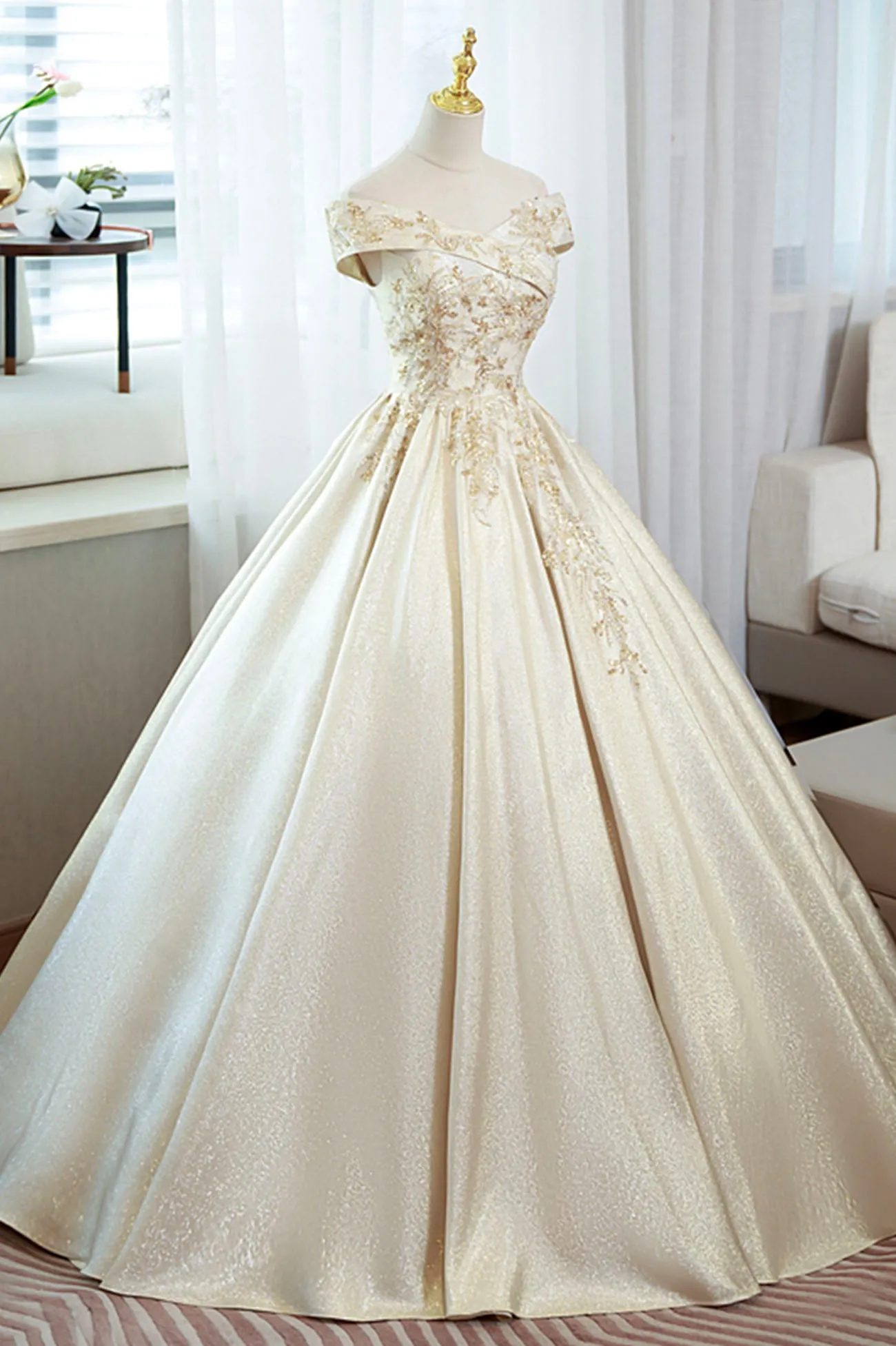 Champagne Satin Sequins Long Prom Dress, Off the Shoulder Evening Party Dress