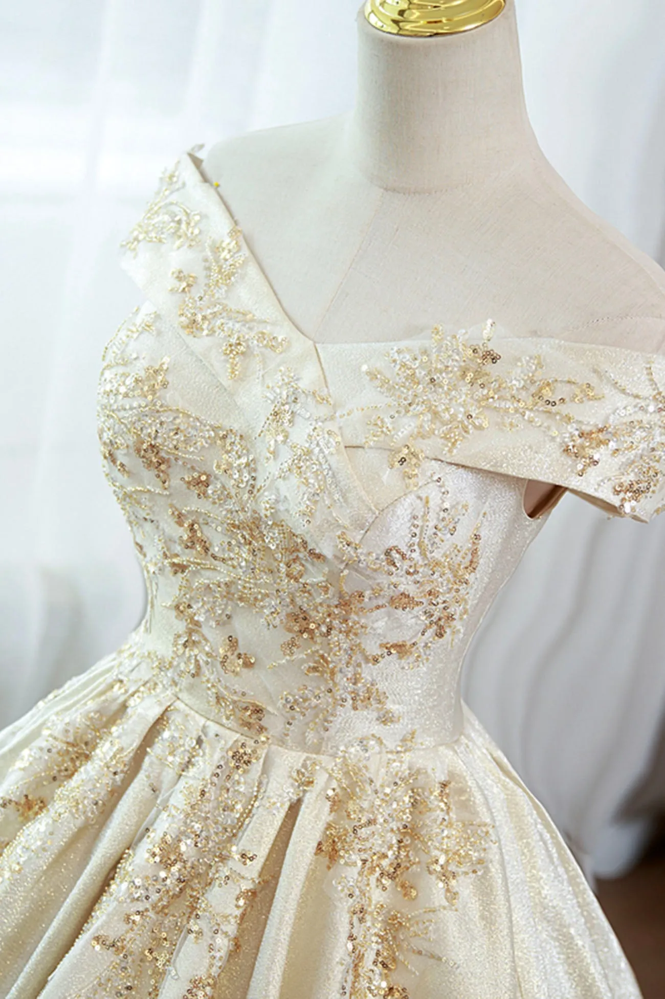 Champagne Satin Sequins Long Prom Dress, Off the Shoulder Evening Party Dress