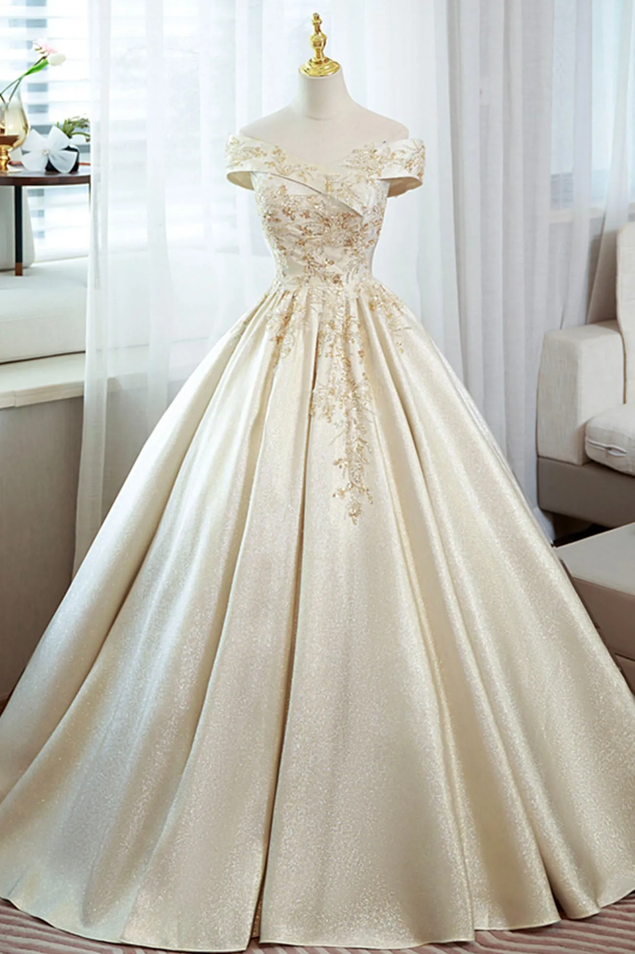 Champagne Satin Sequins Long Prom Dress, Off the Shoulder Evening Party Dress