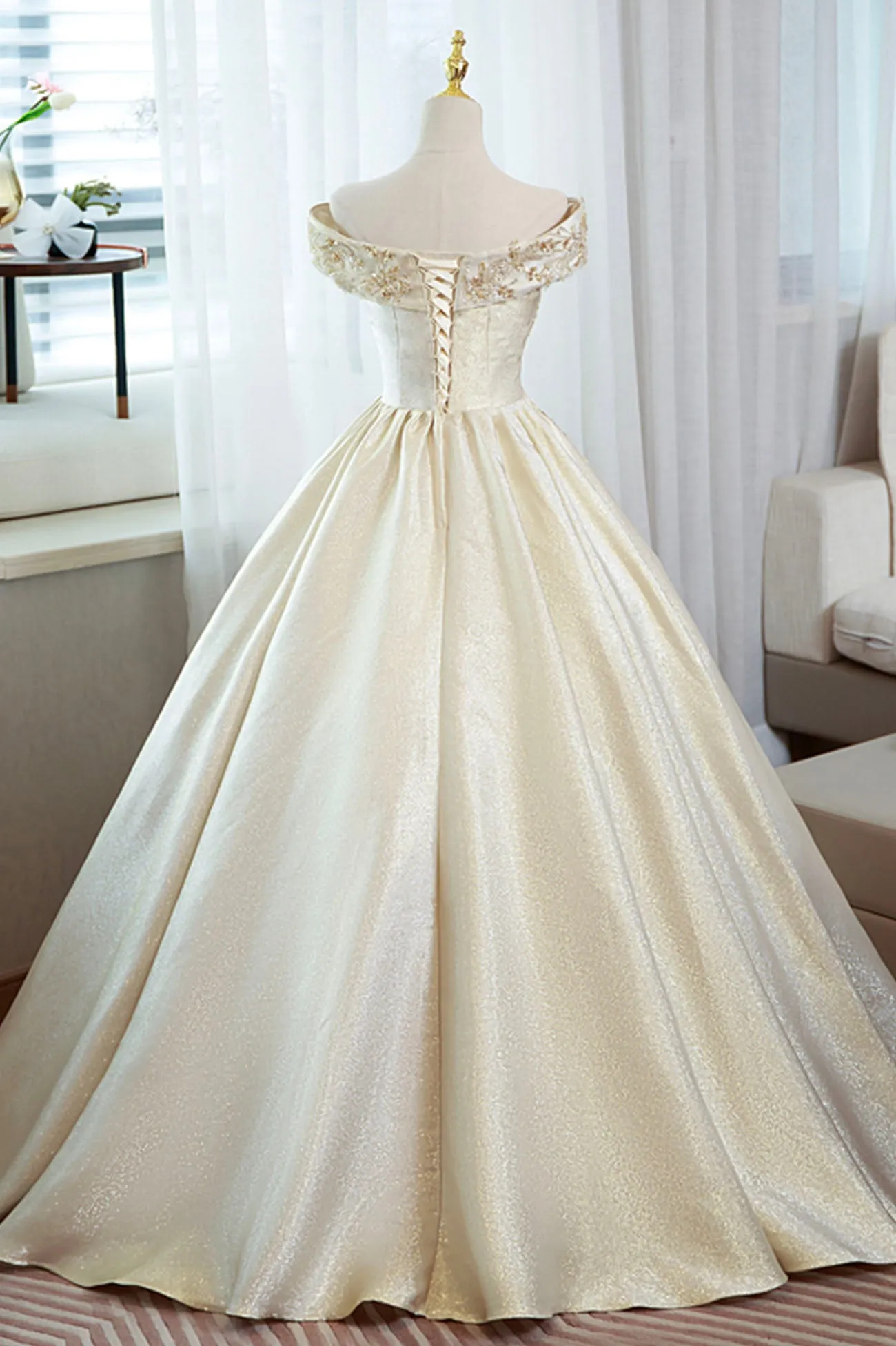 Champagne Satin Sequins Long Prom Dress, Off the Shoulder Evening Party Dress