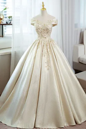 Champagne Satin Sequins Long Prom Dress, Off the Shoulder Evening Party Dress