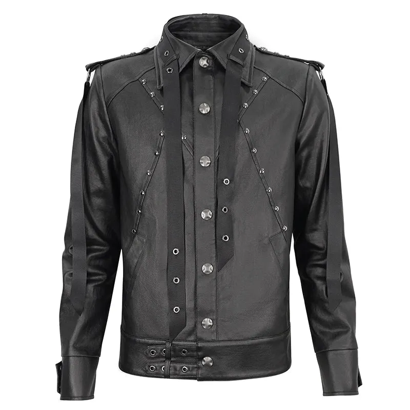 CT207 Punk Rivets Studded Webbing Faux Leather Men's Short Jacket