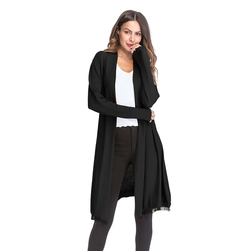 Fashion solid color thin long-sleeved knit tassel cardigan shawl coat