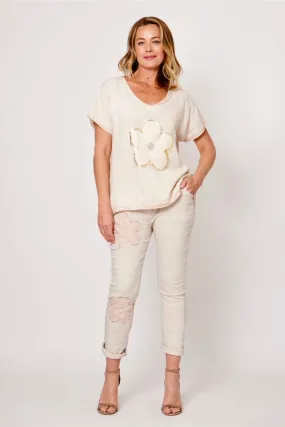 Flower Elastane Pants- Beige