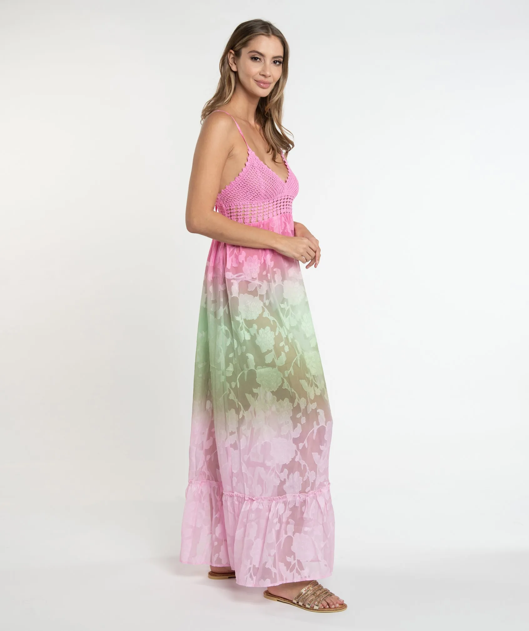 Fuchsia Floral Lace Slip-on Maxi Dress