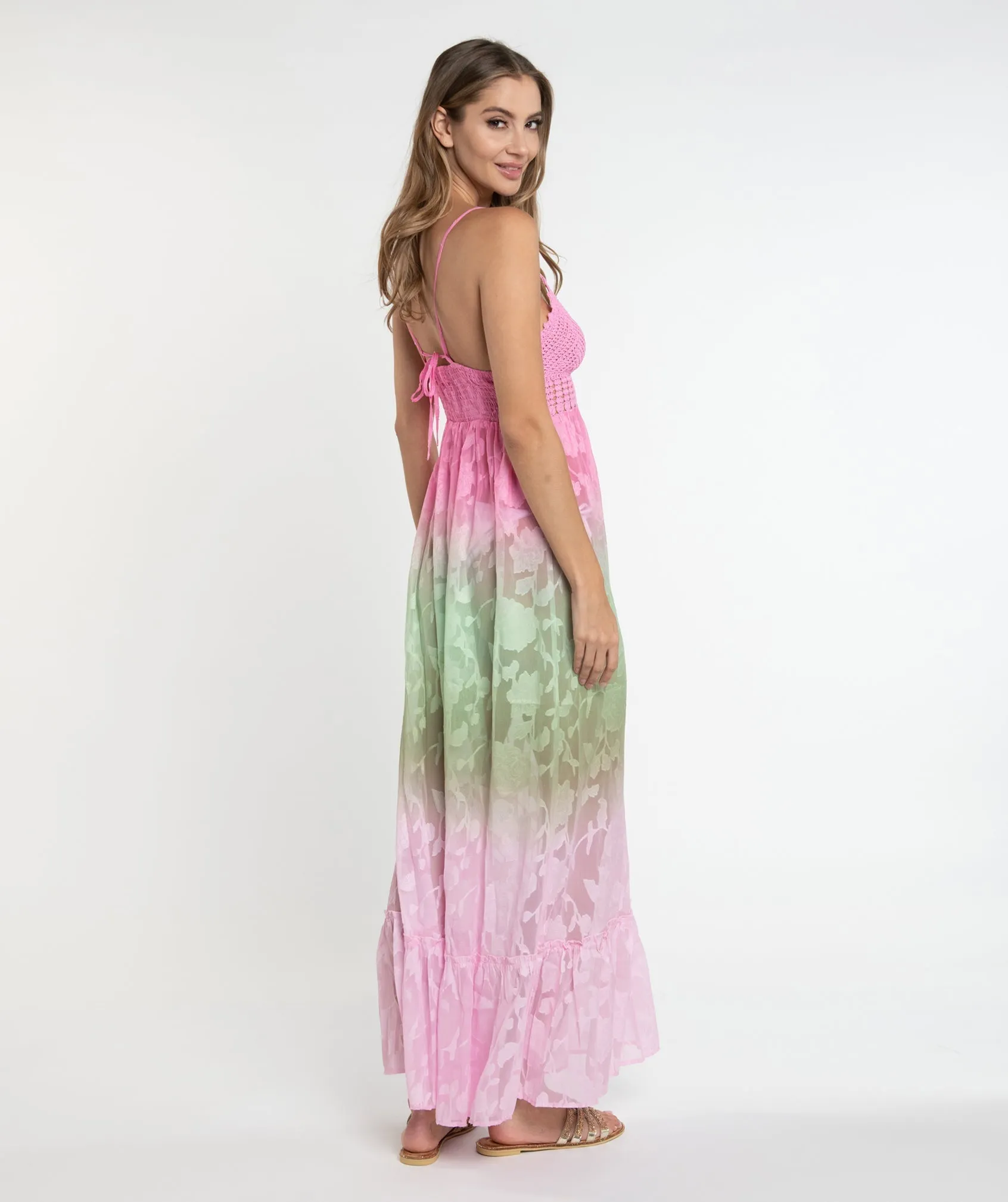 Fuchsia Floral Lace Slip-on Maxi Dress
