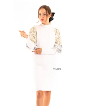 Gold and Sliver Sequin embellished sleeves design jumper dress in white