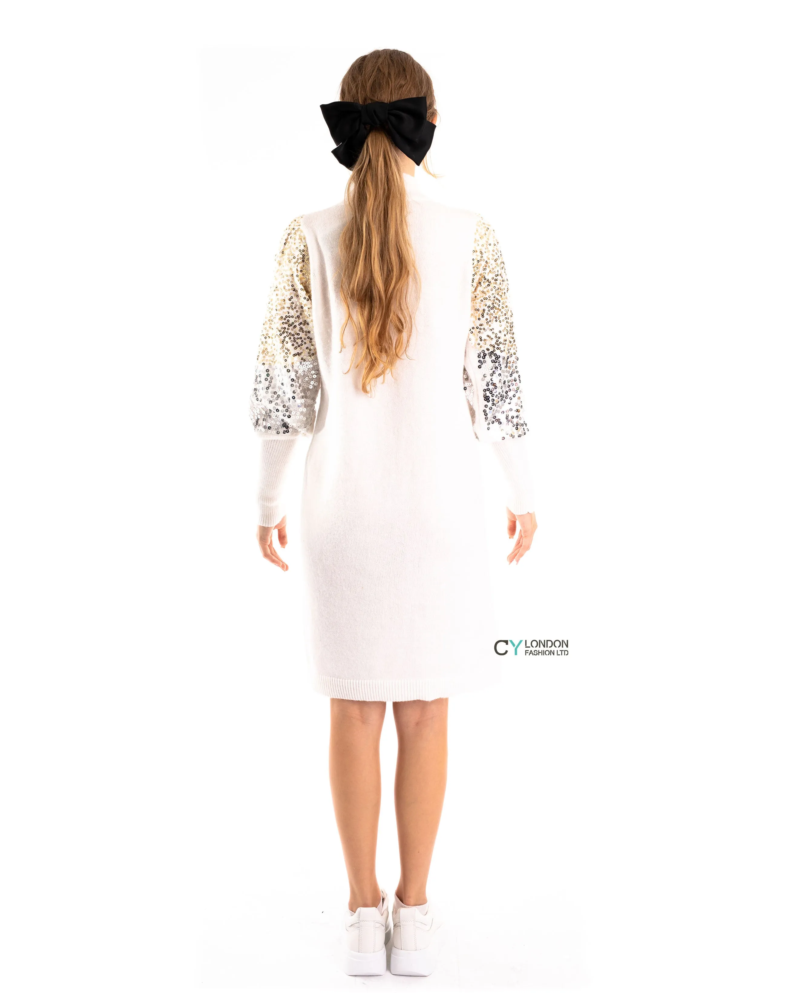 Gold and Sliver Sequin embellished sleeves design jumper dress in white
