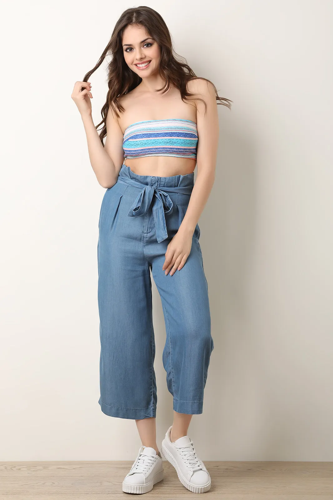 High Rise Chambray Waist Sash Wide Leg Capri Pants