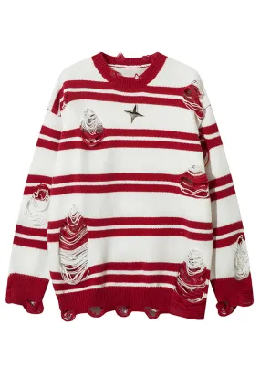 Horizontal stripe sweater ripped punk jumper Gothic top red