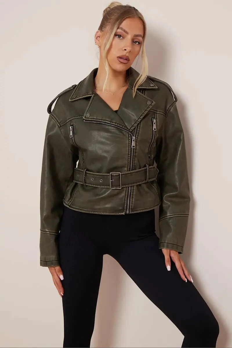 Khaki Zipper Belt Decor PU Biker Jacket
