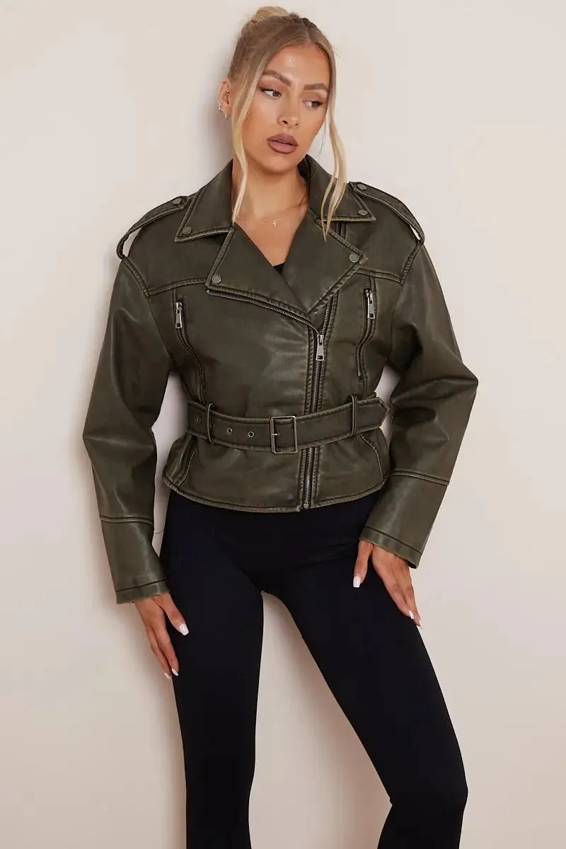 Khaki Zipper Belt Decor PU Biker Jacket