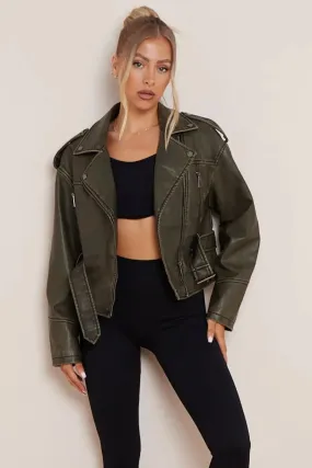 Khaki Zipper Belt Decor PU Biker Jacket