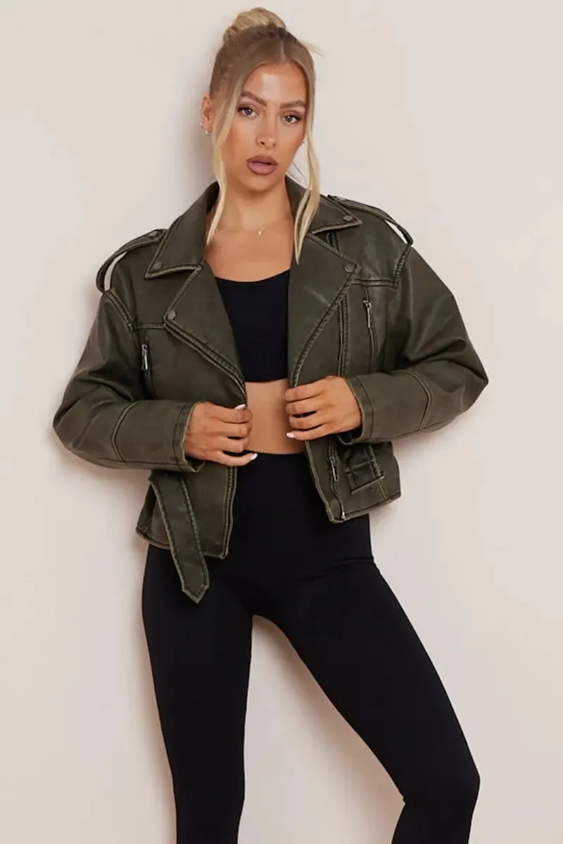 Khaki Zipper Belt Decor PU Biker Jacket