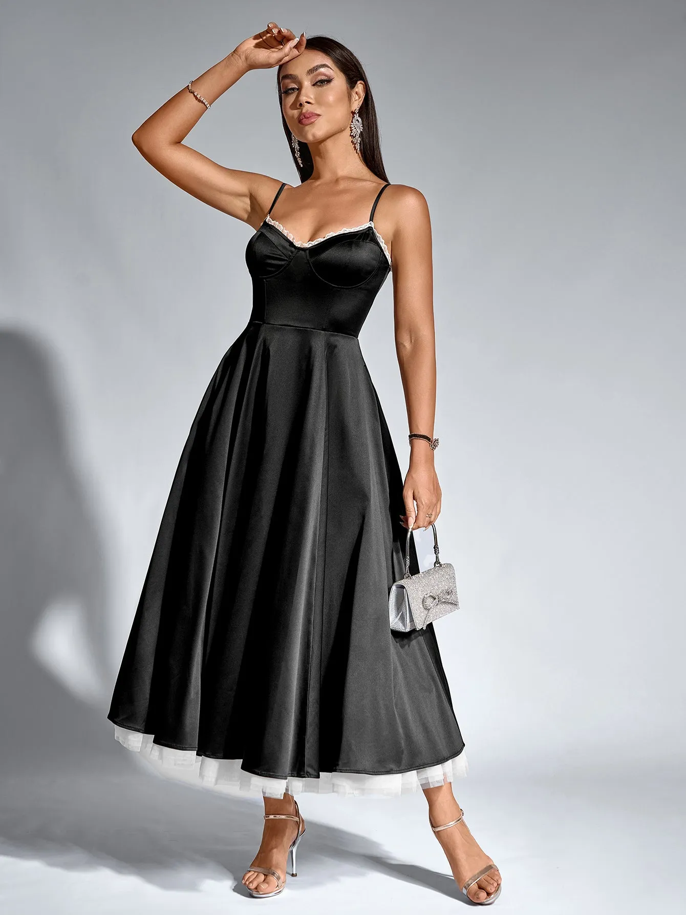 Lace Trim Corset Flared Hem Maxi Dress