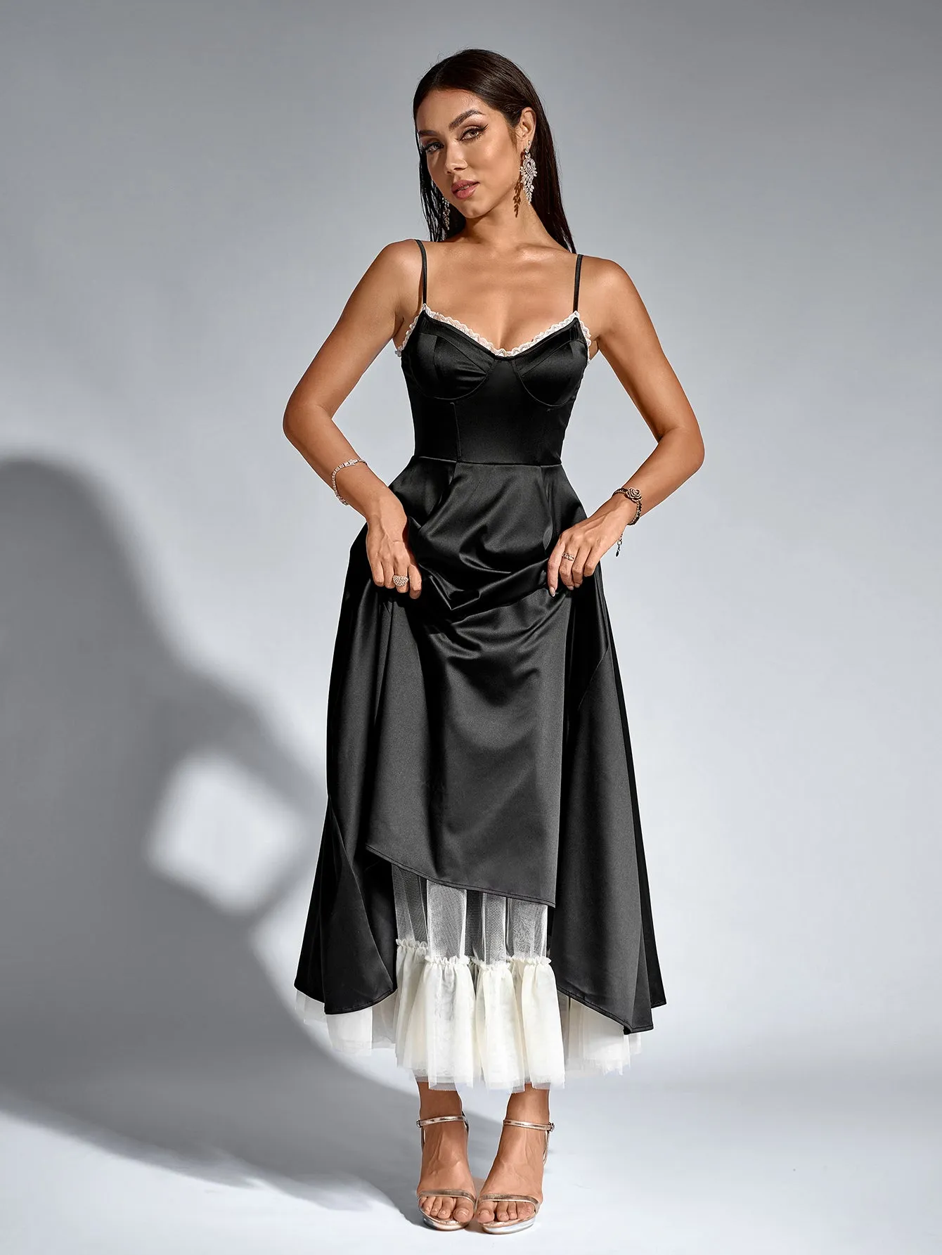 Lace Trim Corset Flared Hem Maxi Dress