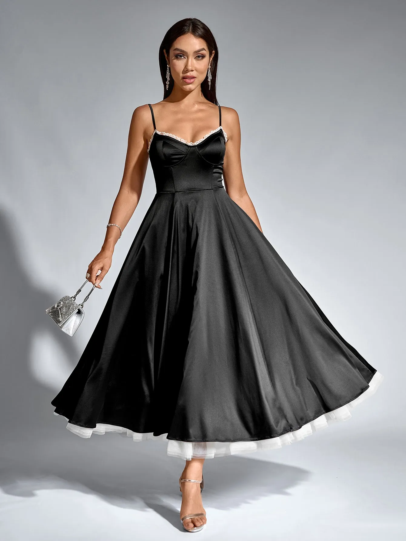Lace Trim Corset Flared Hem Maxi Dress