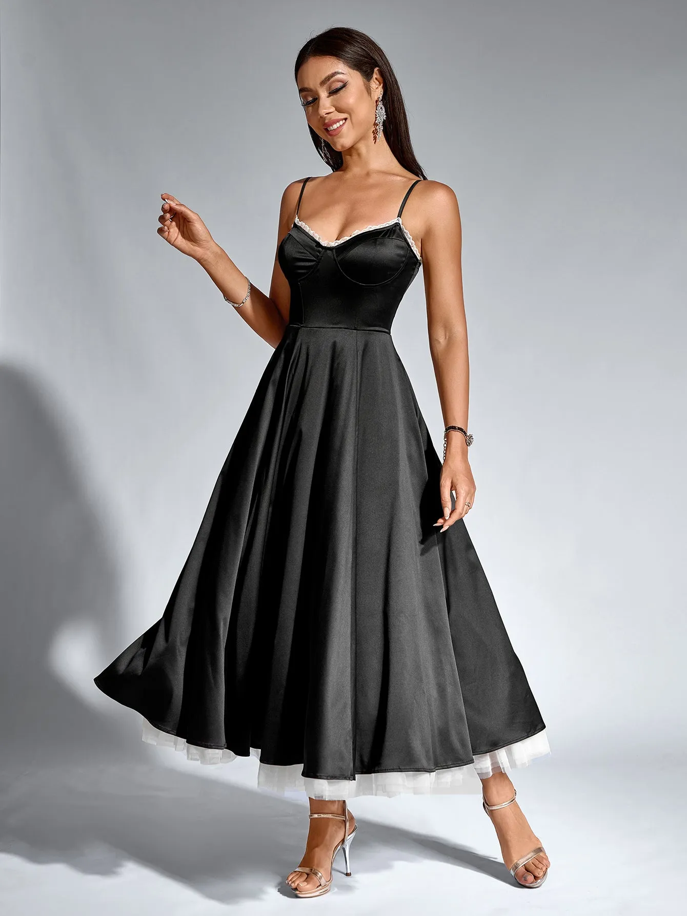 Lace Trim Corset Flared Hem Maxi Dress
