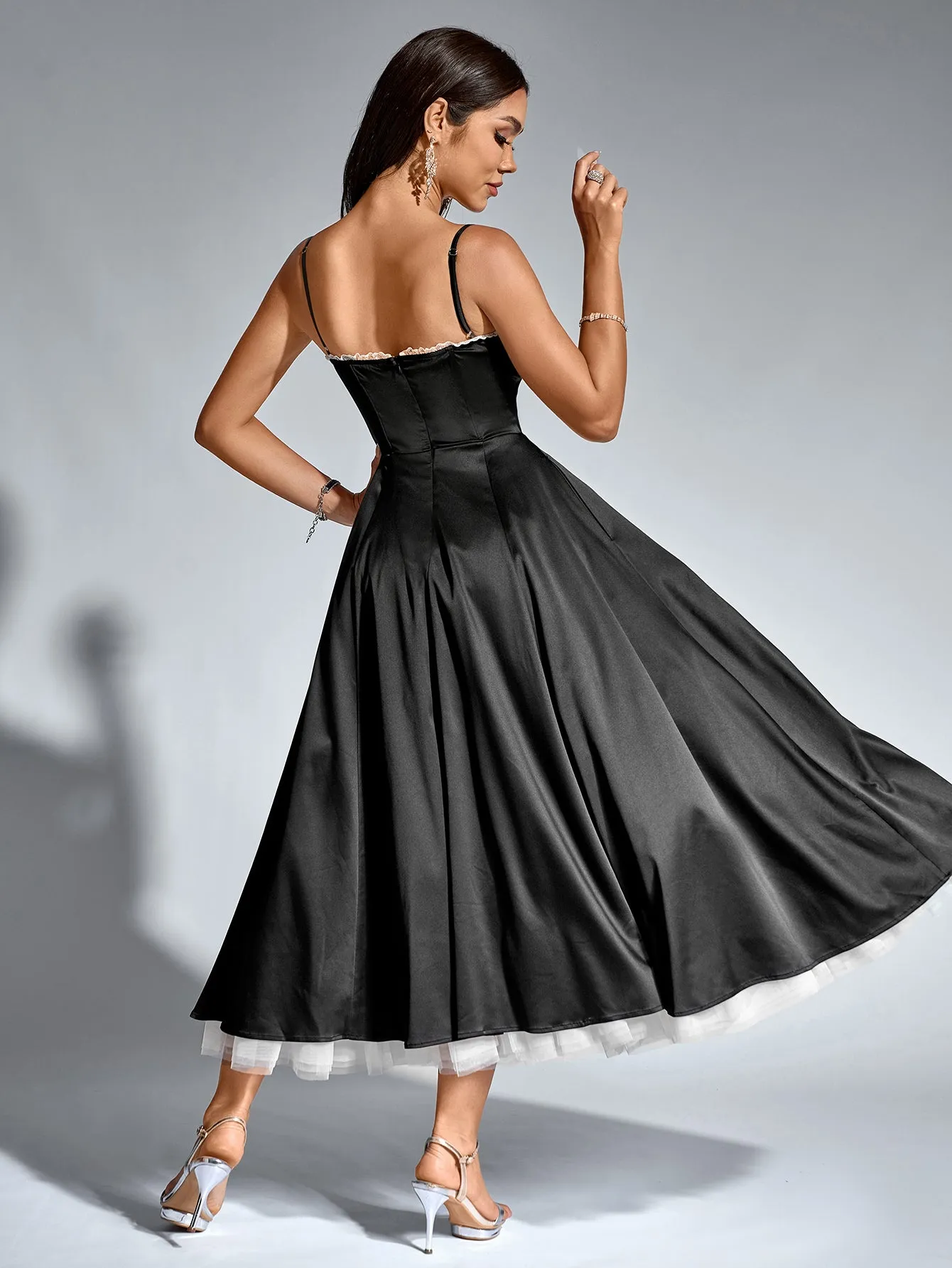 Lace Trim Corset Flared Hem Maxi Dress
