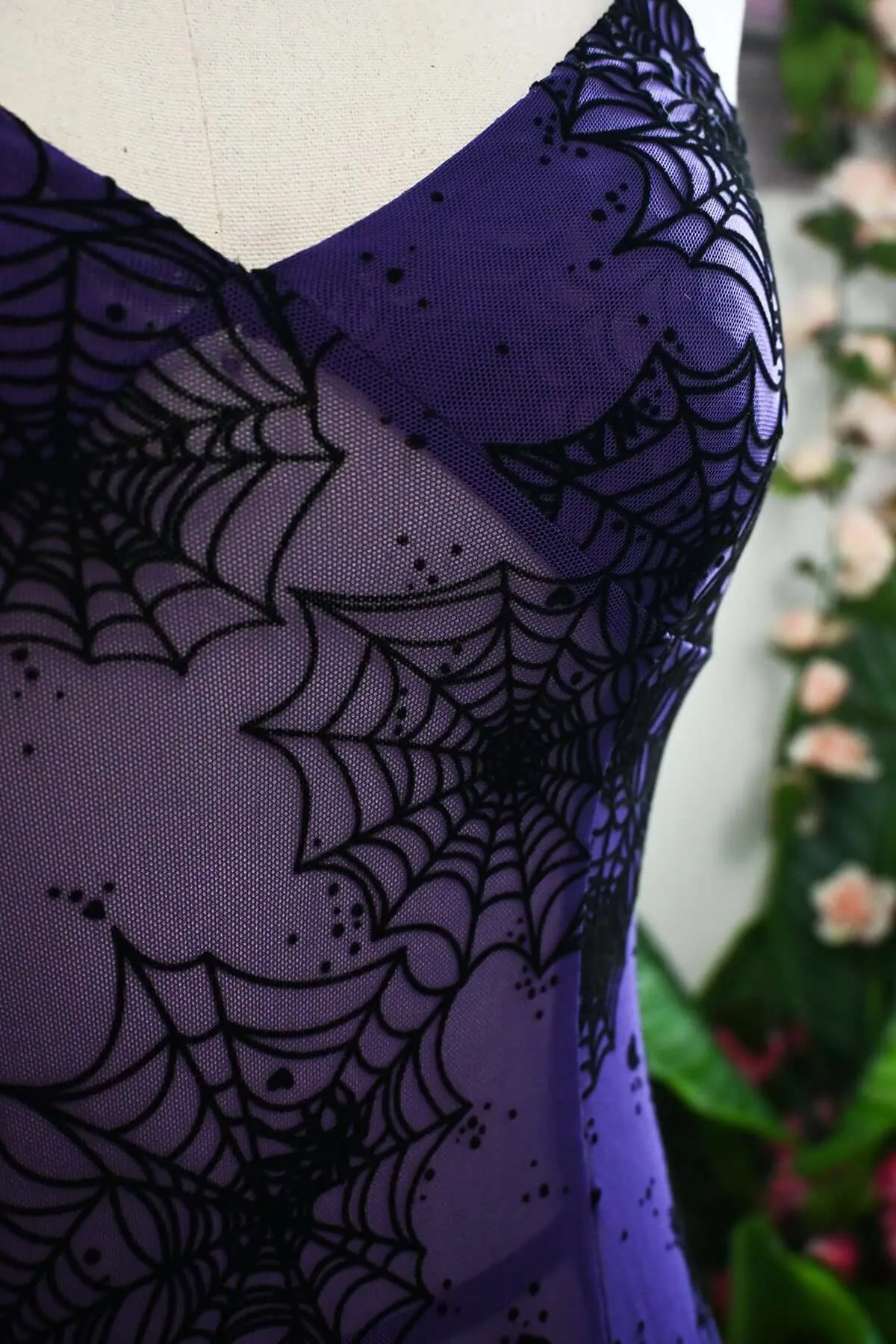Lily Slip Dress in Purple Mesh Flocked Spiderwebs
