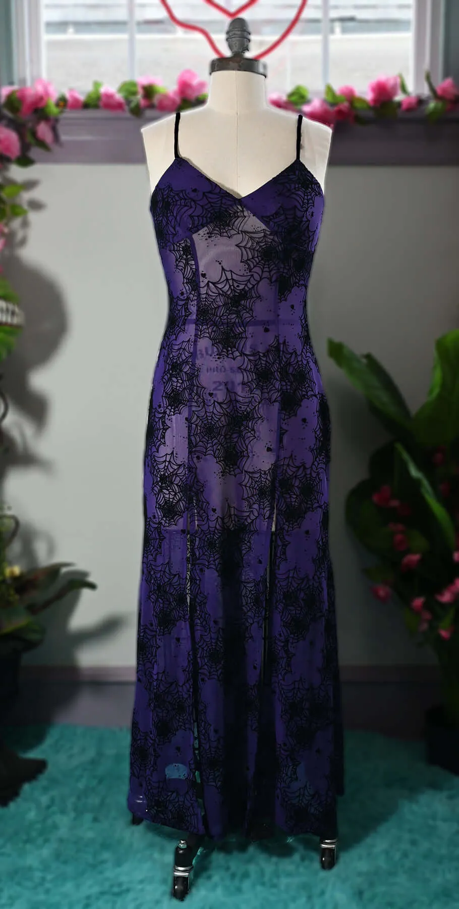 Lily Slip Dress in Purple Mesh Flocked Spiderwebs
