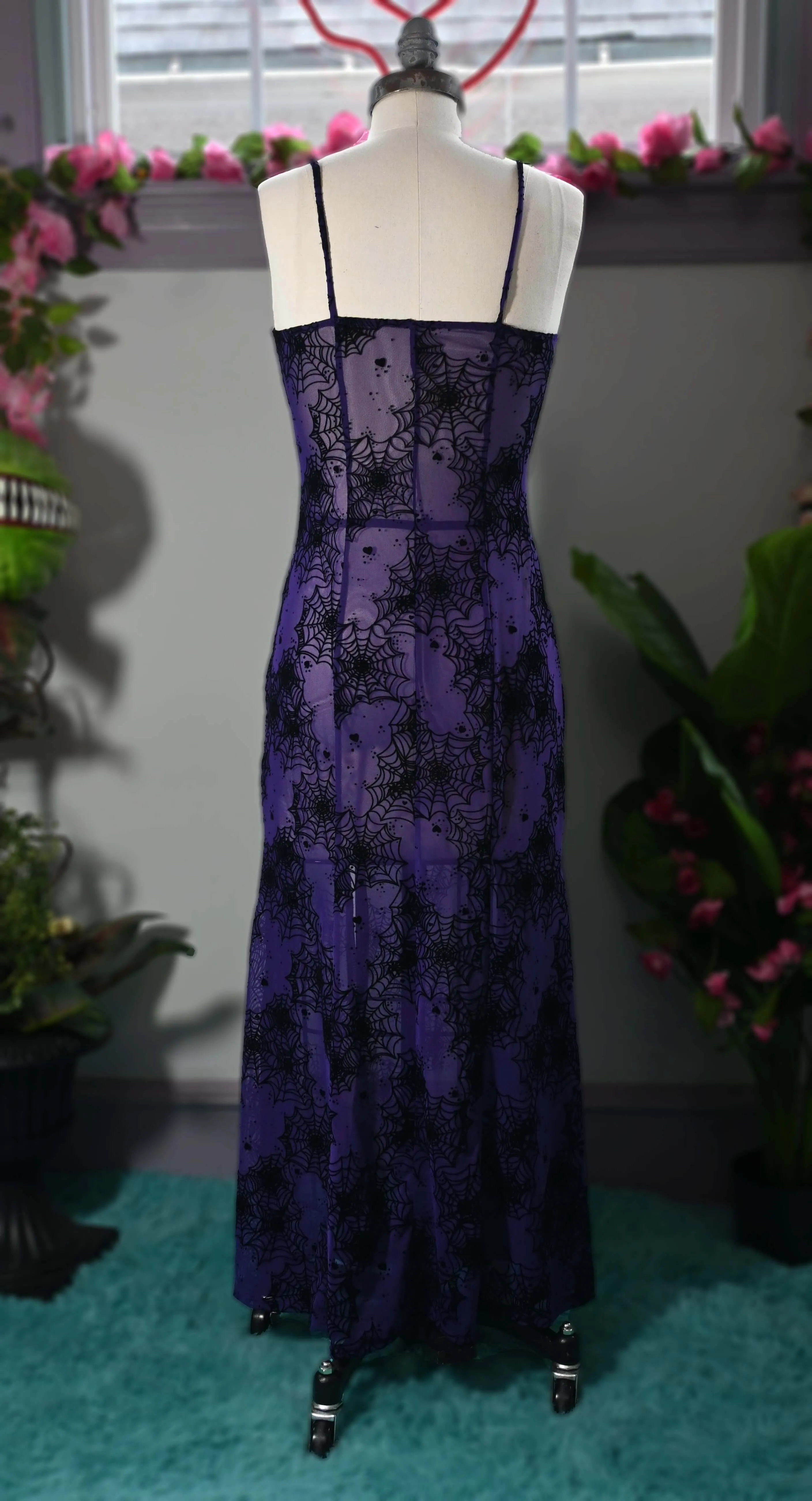 Lily Slip Dress in Purple Mesh Flocked Spiderwebs