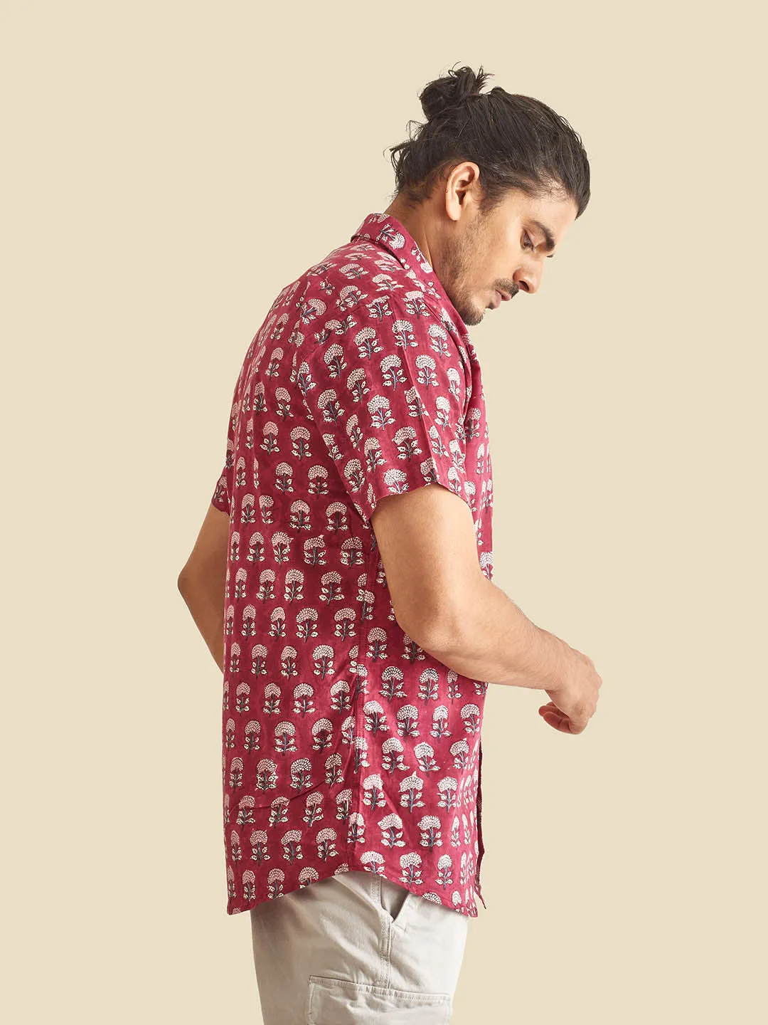 Maroon Floral Block Printed Halfsleeves Cotton Shirt