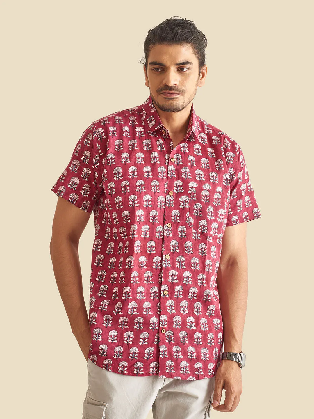 Maroon Floral Block Printed Halfsleeves Cotton Shirt