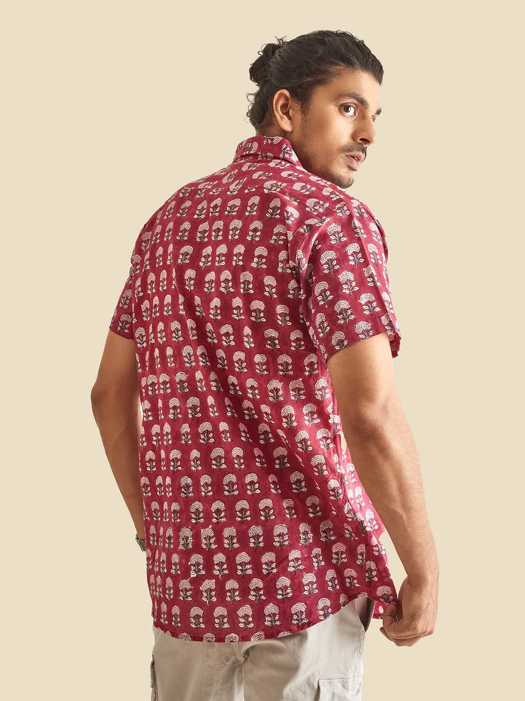 Maroon Floral Block Printed Halfsleeves Cotton Shirt