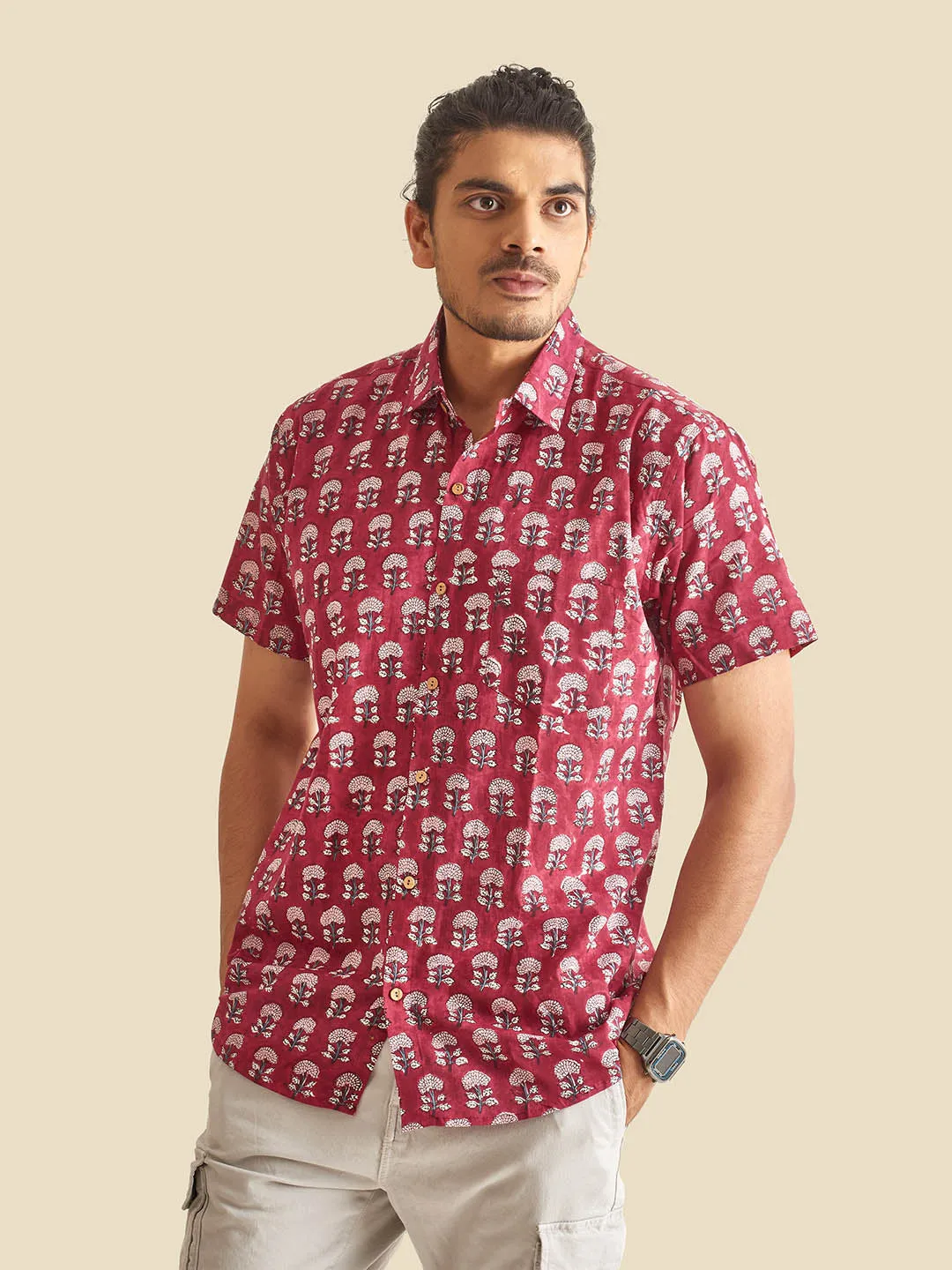Maroon Floral Block Printed Halfsleeves Cotton Shirt