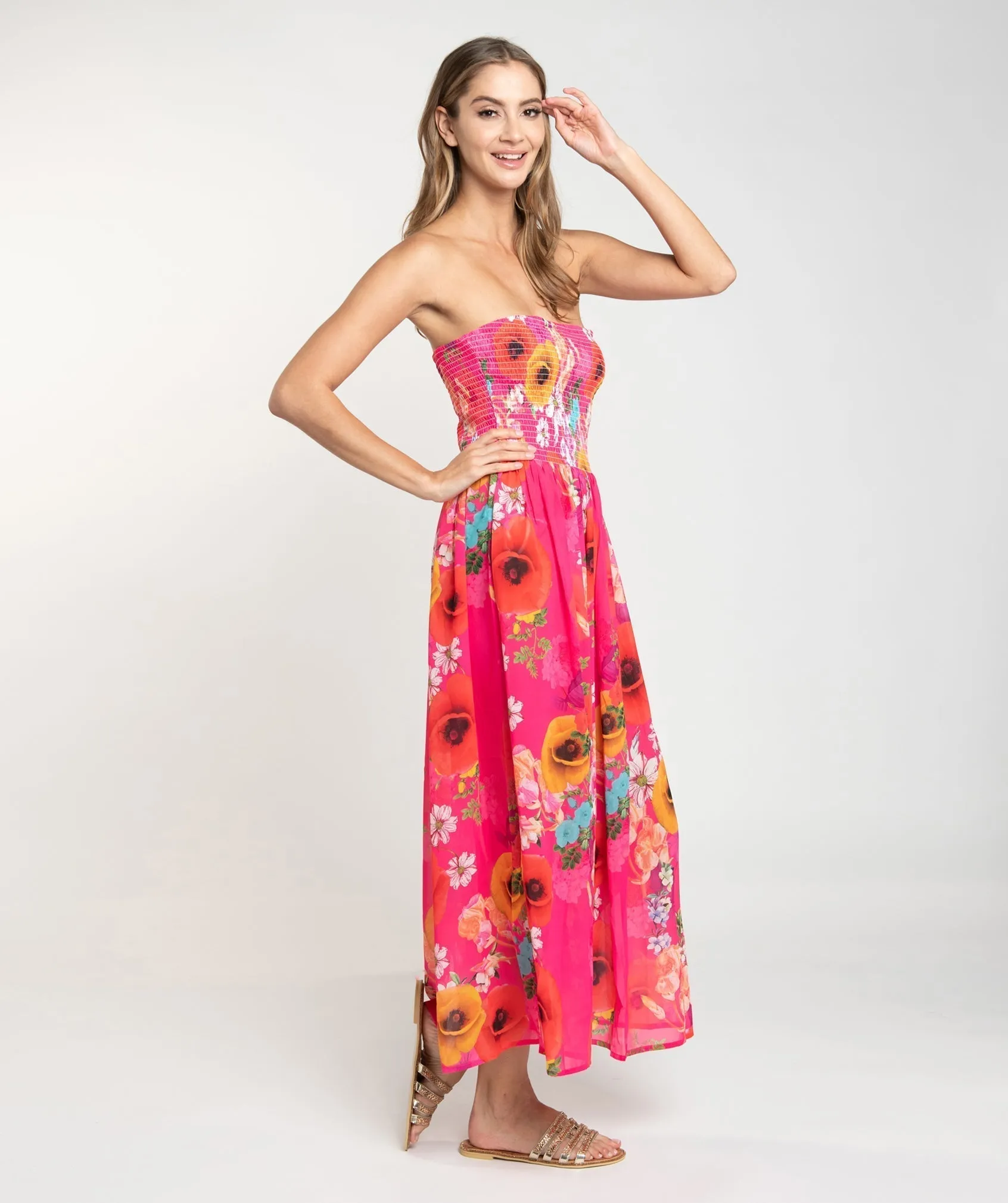 Pink Floral Print Strapless Bandeau Maxi Dress
