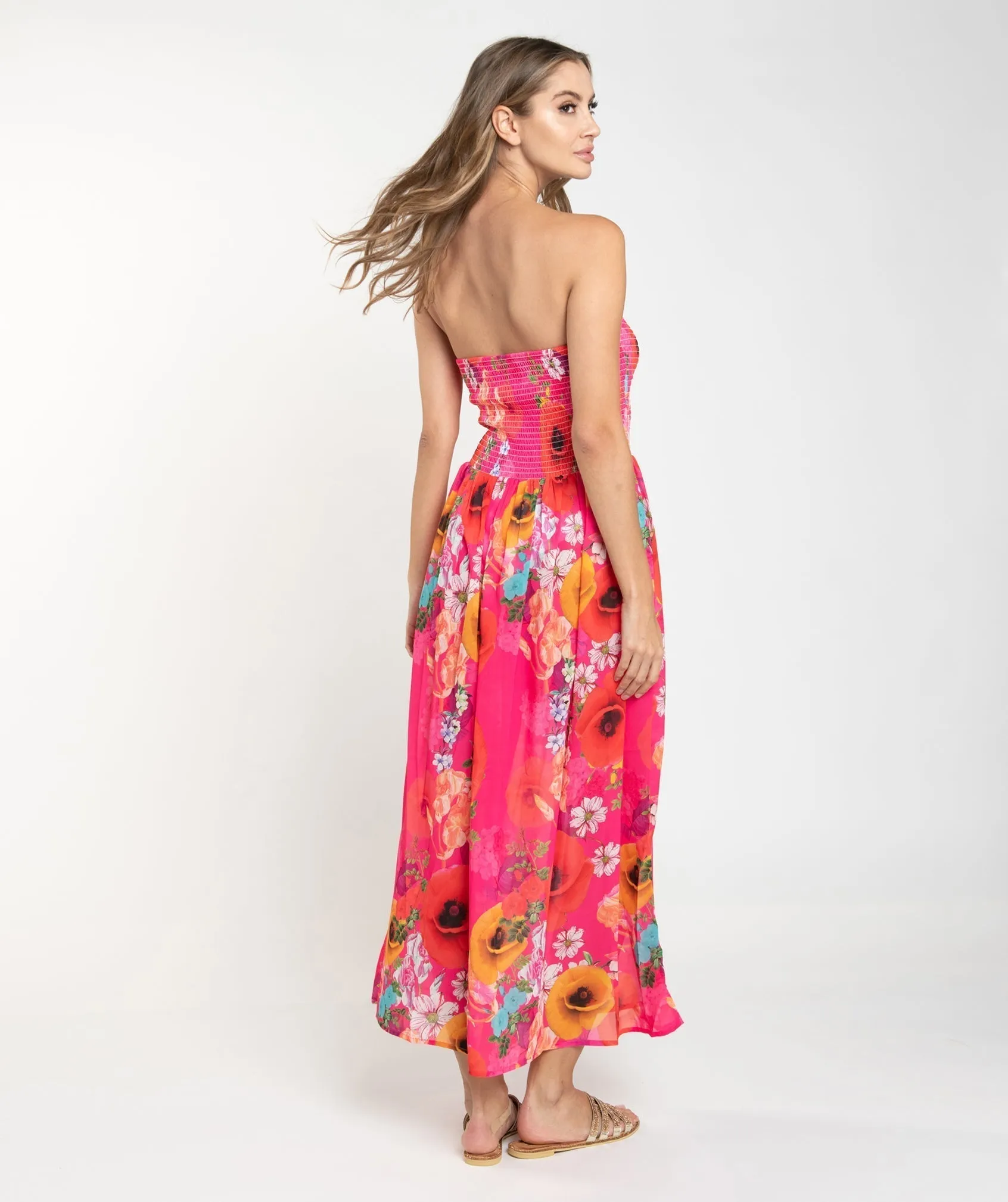 Pink Floral Print Strapless Bandeau Maxi Dress