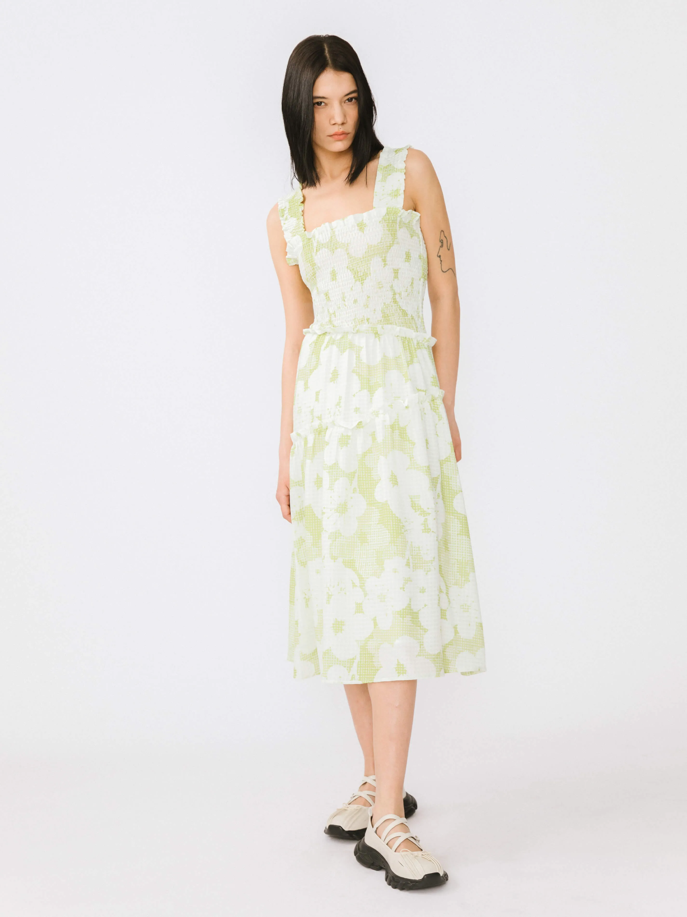 Plaid and Floral A-line Midi Dress