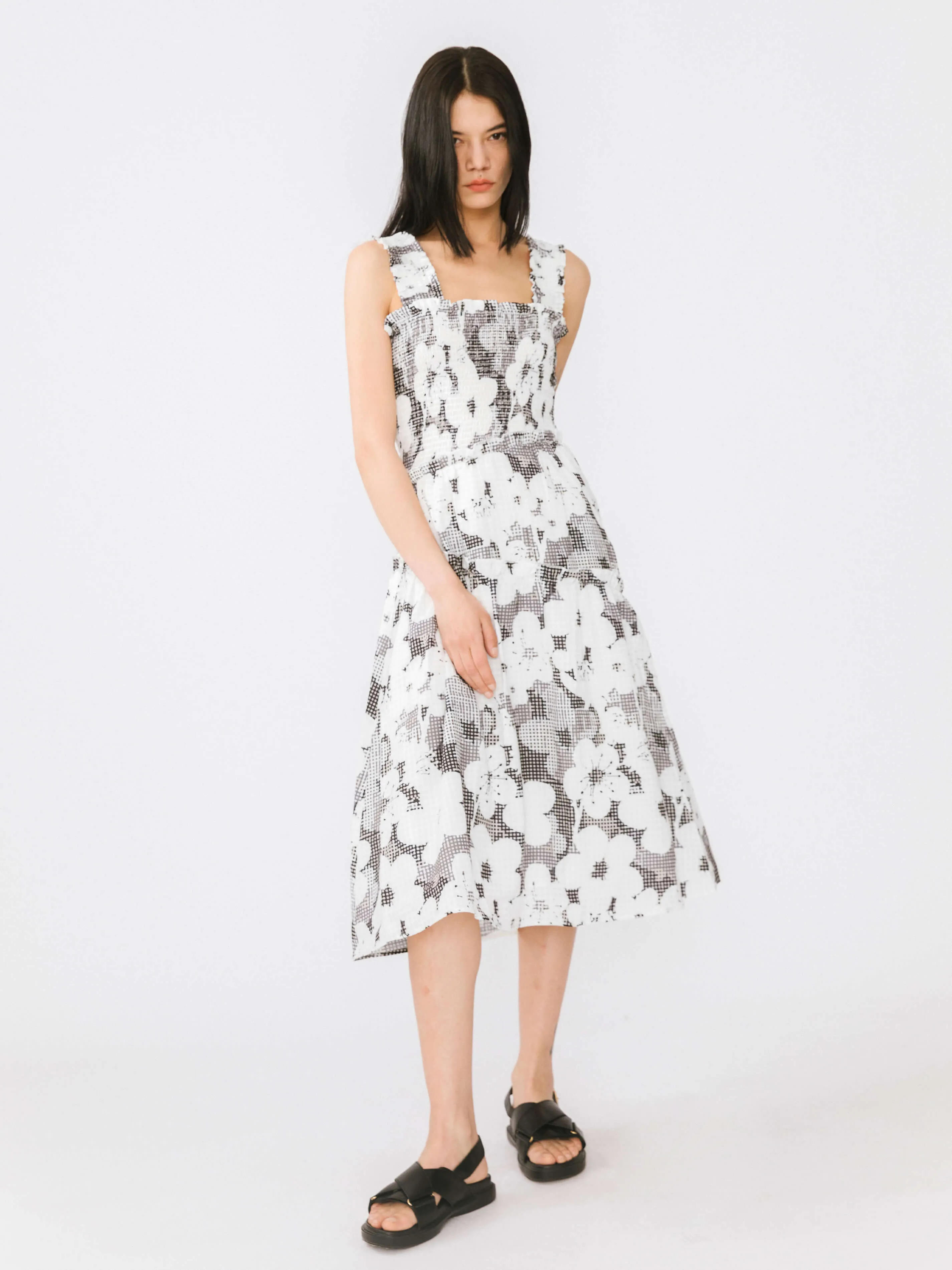 Plaid and Floral A-line Midi Dress