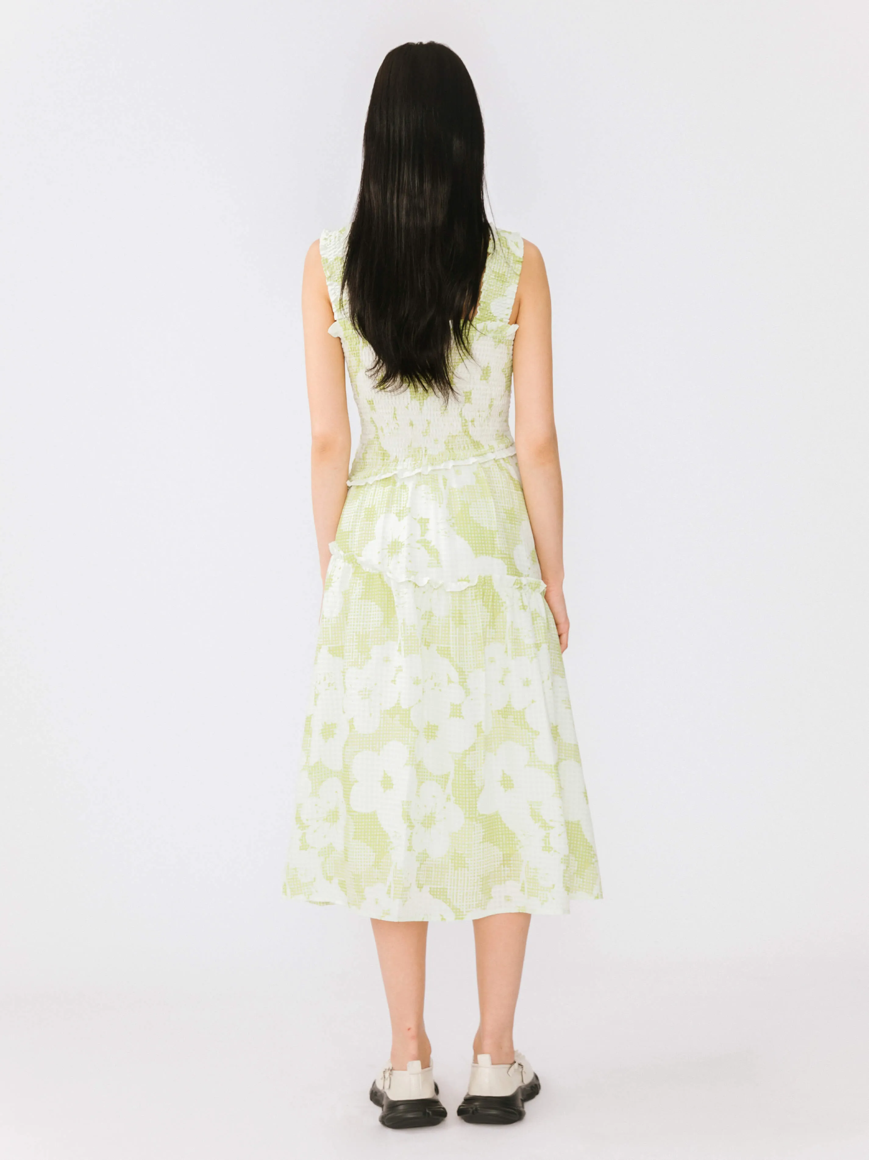 Plaid and Floral A-line Midi Dress