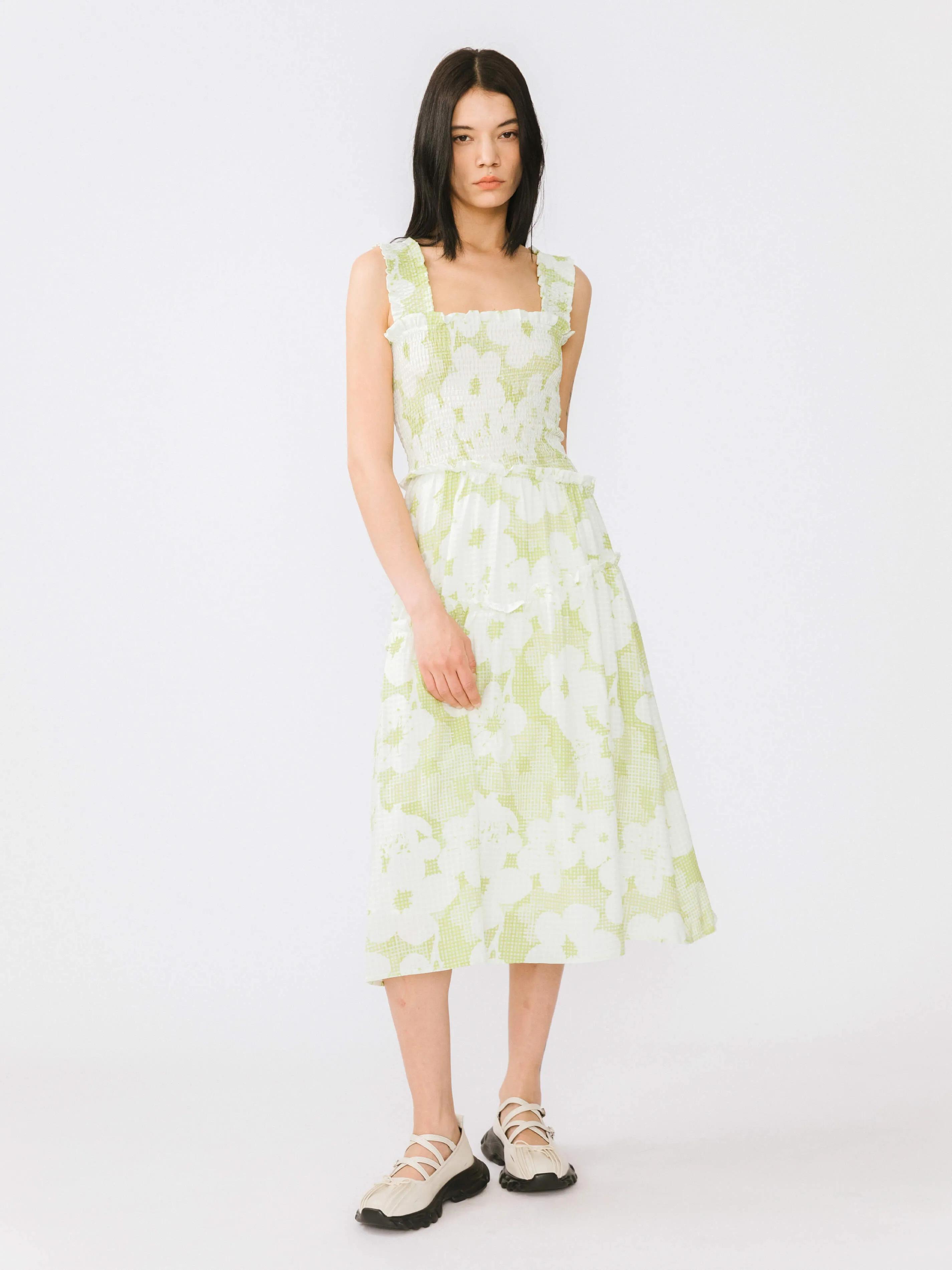 Plaid and Floral A-line Midi Dress