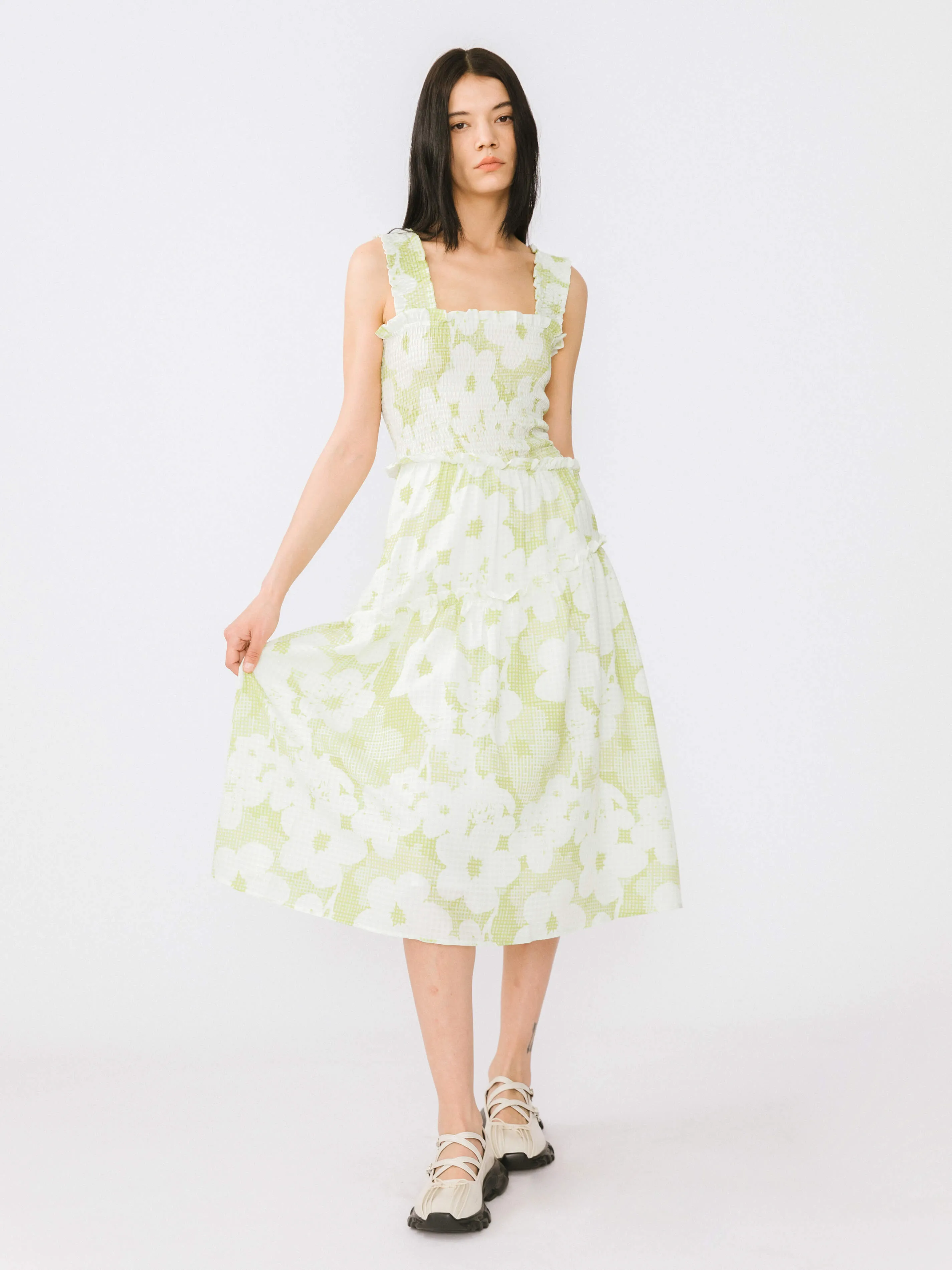 Plaid and Floral A-line Midi Dress