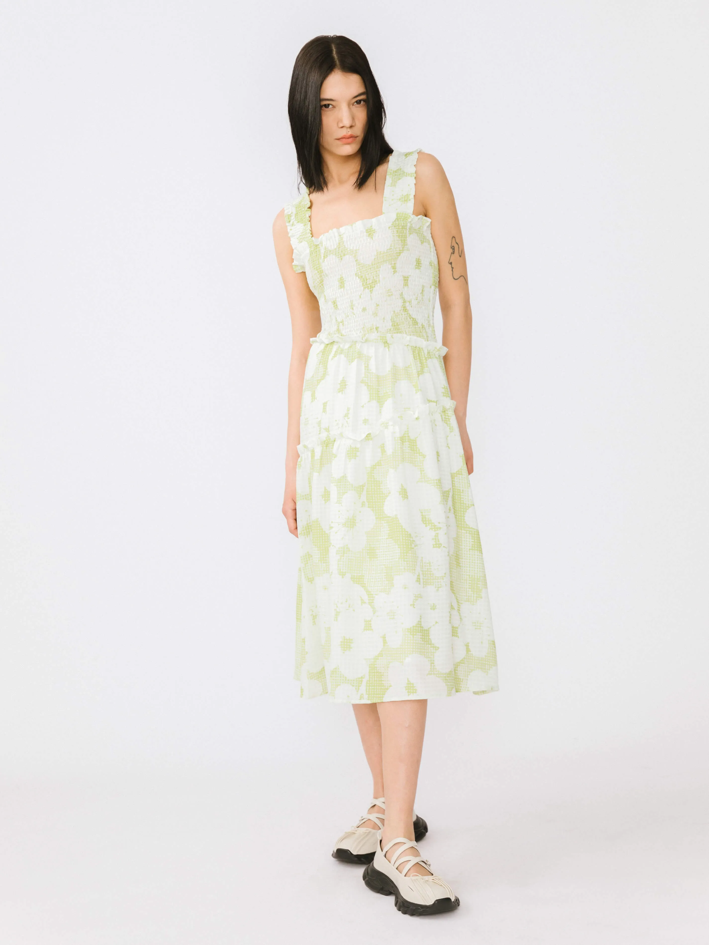 Plaid and Floral A-line Midi Dress