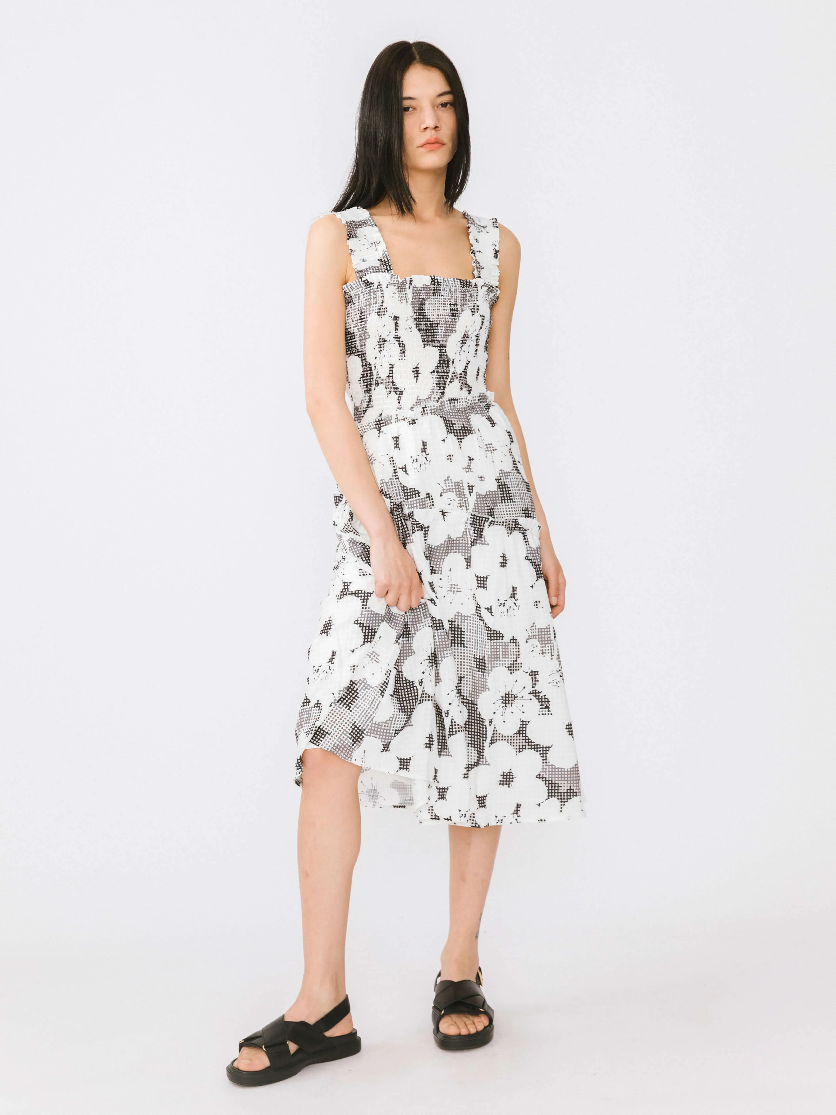 Plaid and Floral A-line Midi Dress