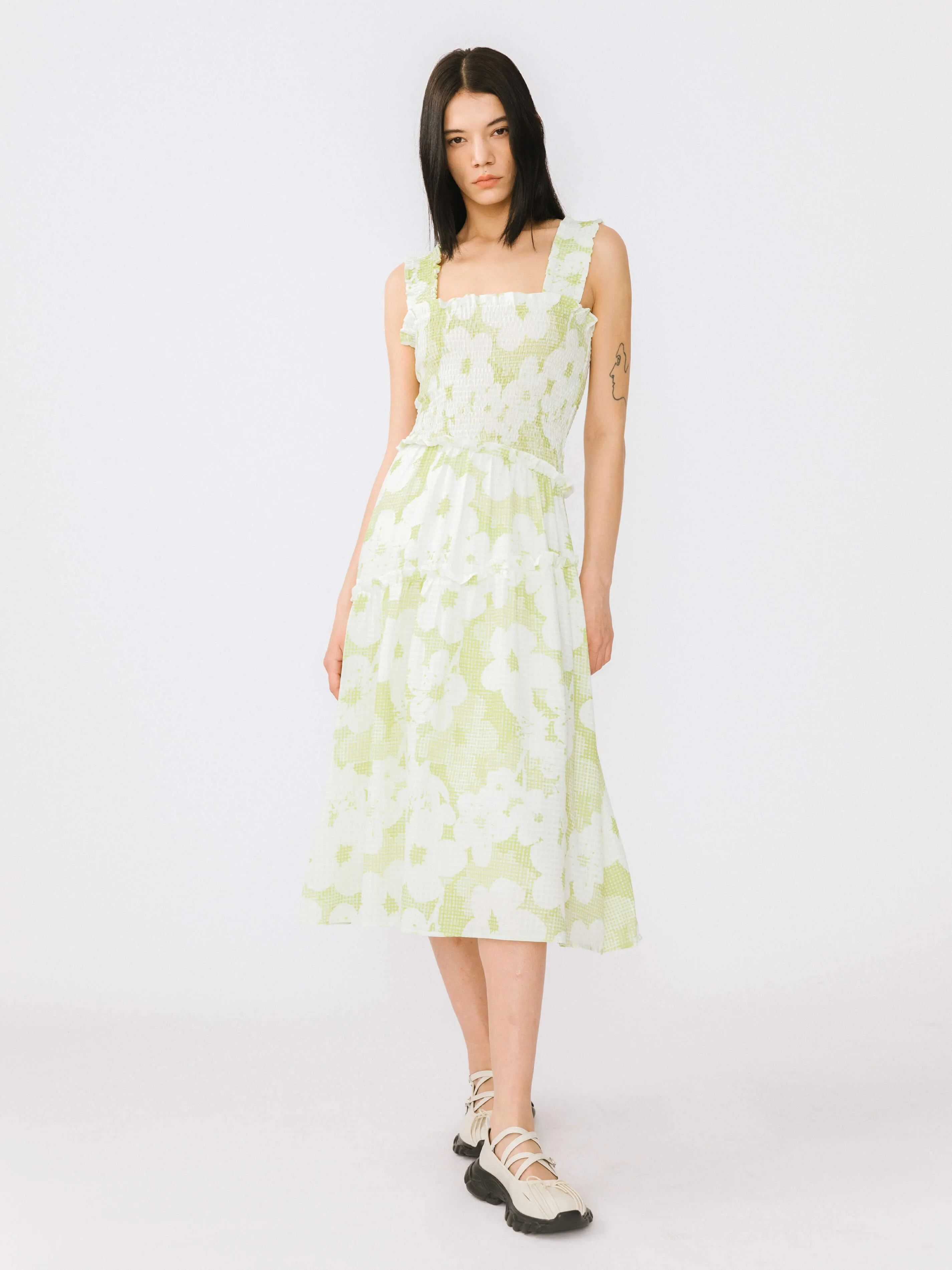 Plaid and Floral A-line Midi Dress