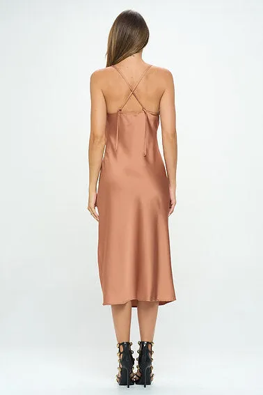 Satin Bias Slip Dress with Slit - CARAMEL